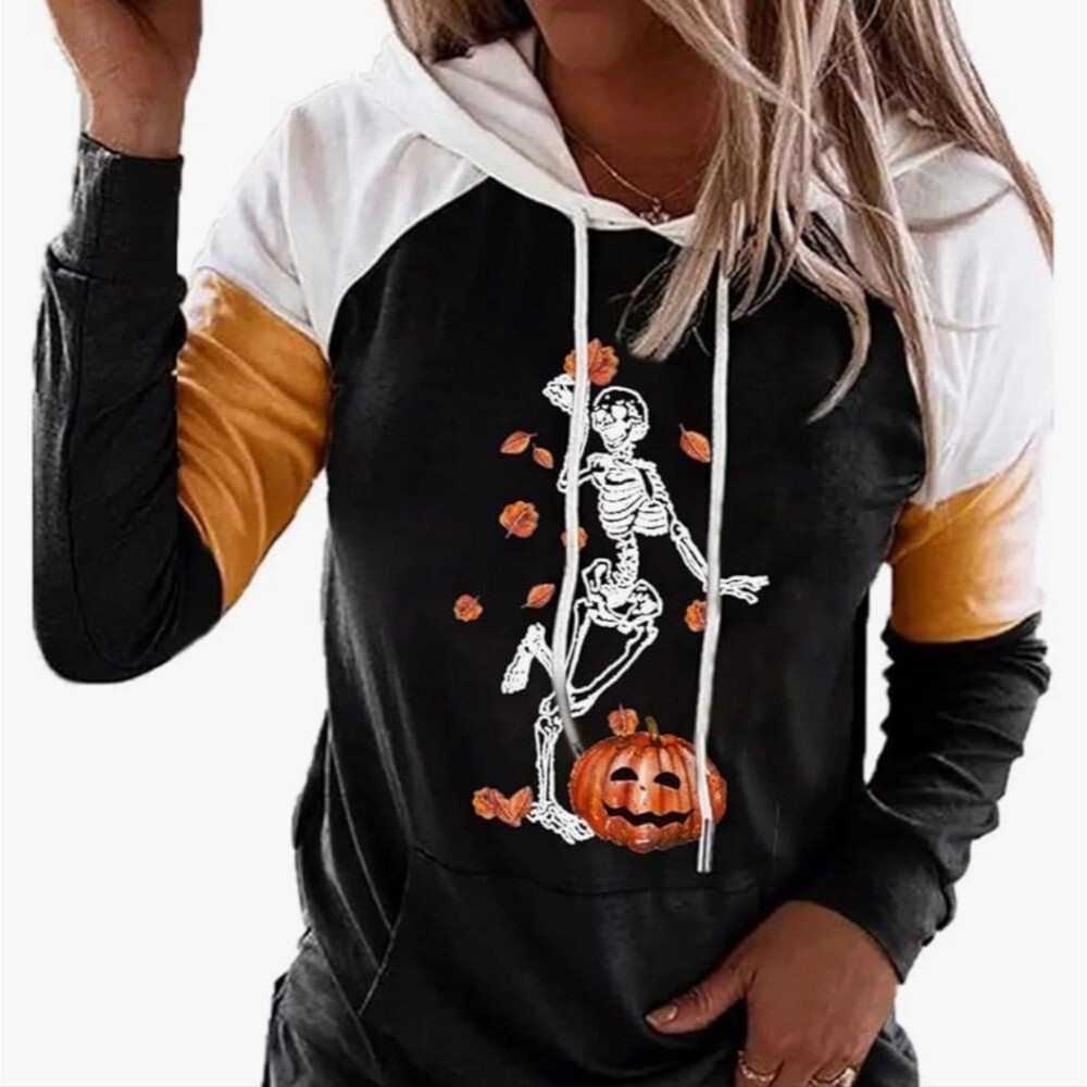 Women's Halloween Skull Pumpkin Face Graphic Hoodie - NWOT